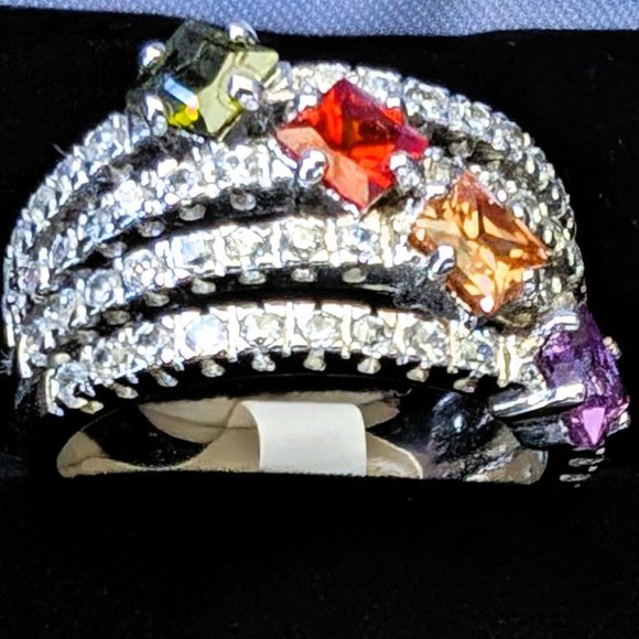 Beautiful Artisan .925 Sterling Silver w/ Multi Color and Clear CZ's Lady's Ring - Picture 2 of 4